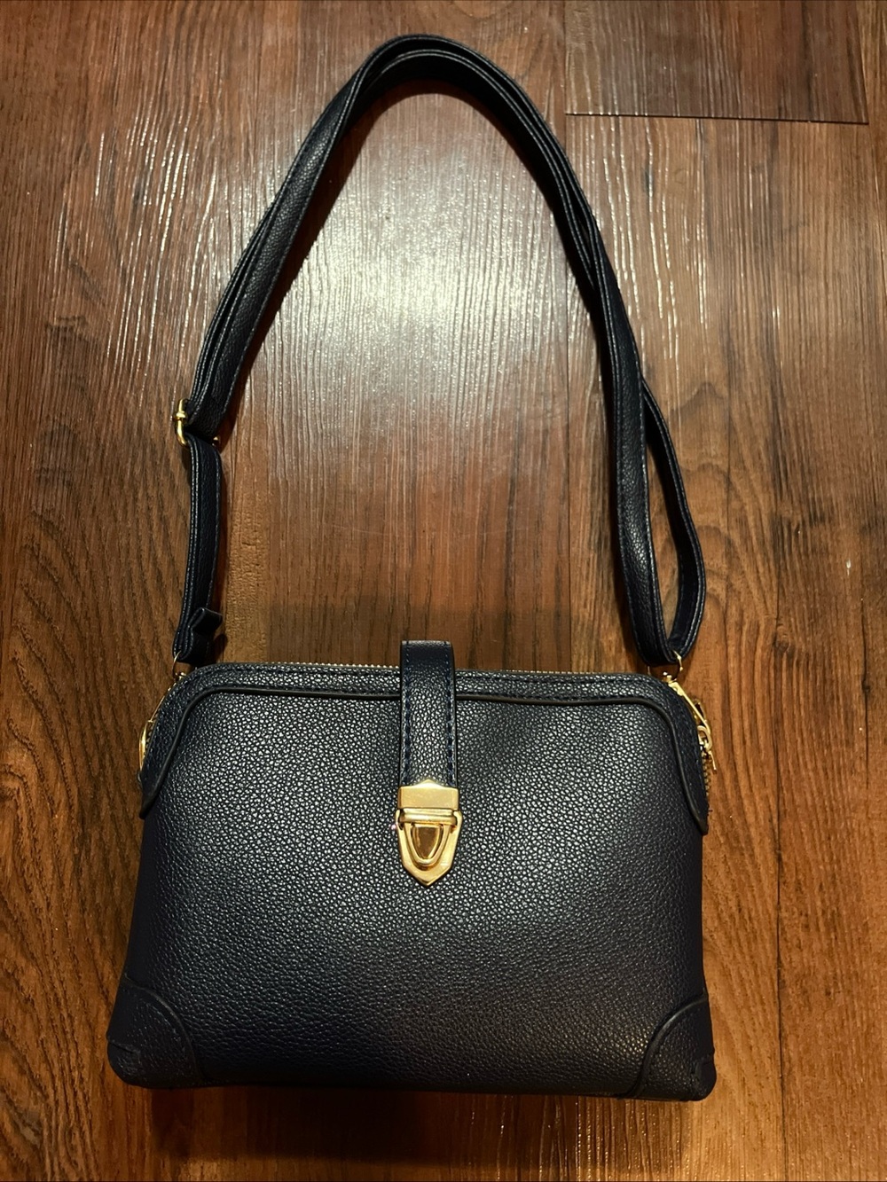 Classic Navy Blue Faux Leather Crossbody Bag with Gold Hardware